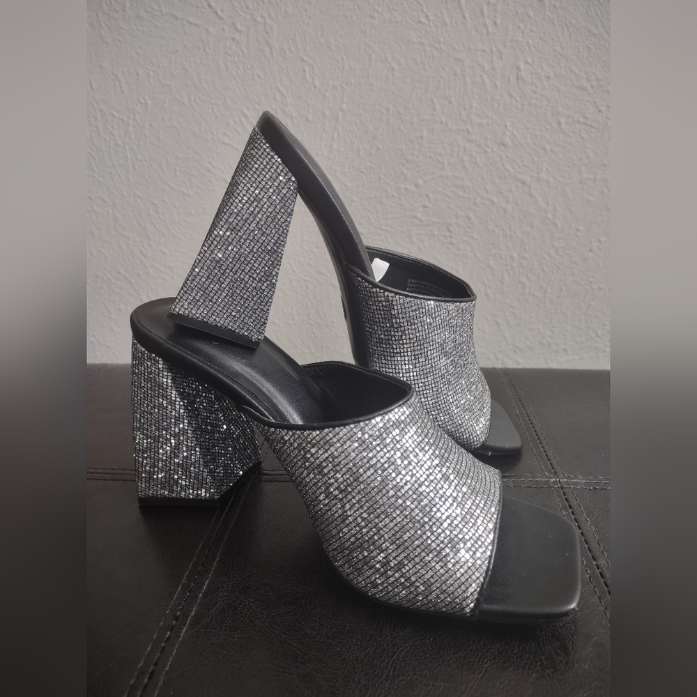A New Day Silver Sparkle Chunky Block Heel Mules - Size 9